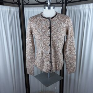 Orvis Women's Cardigan Sweater, Button Down, L/S, Tan Floral, Wool Blend, Size S